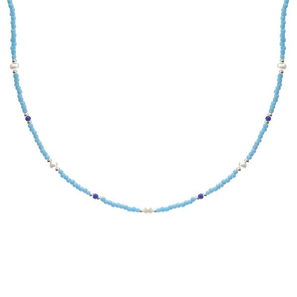 Beaded Necklace - Blue Beads & Pearls