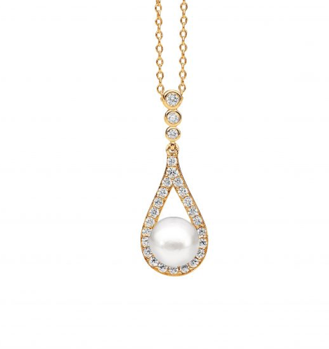 Pearl CZ Bezel Teardrop Gold Pendant